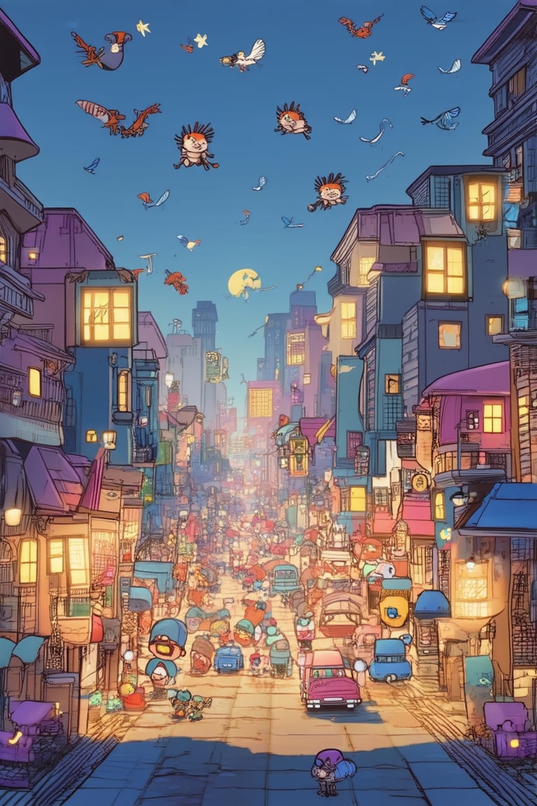 Whimsical illustration of a chibi everything: tiny buildings, miniature vehicles, and itsy-bitsy characters all gathered in a vibrant, fantastical cityscape at sunset. Soft, golden light casts long shadows across the colorful streets as the chibi inhabitants go about their day, with a few flying creatures soaring overhead. The composition is playful, with visual interest spread evenly throughout the scene.