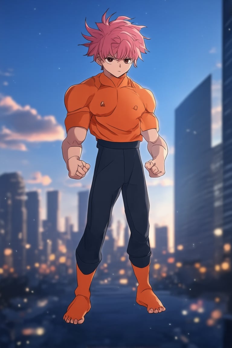 A youthful anime character standing confidently with a heroic stance, feet shoulder-width apart, knees slightly bent, and weight evenly distributed between both legs. The subject's arms are held straight out to the sides, palms facing downwards, with fists clenched in determination. A bright blue glow surrounds the character, illuminating their energetic aura as they pose heroically against a dynamic cityscape at sunset, with vibrant orange and pink hues reflecting off the towering skyscrapers.