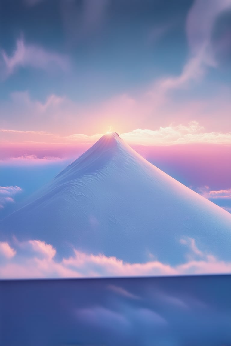 A surreal landscape unfolds, where vibrant hues blend into a gradient world. Soft focus captures the misty horizon, where sky and earth converge. A subtle glow illuminates the scene, casting an ethereal light on wispy clouds and swirling colors. The composition guides the viewer's gaze towards a distant peak, as if beckoning them to enter this dreamlike realm.