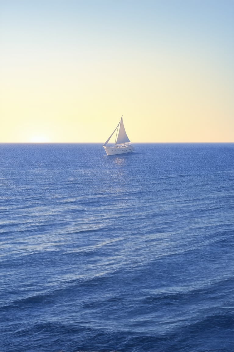 A majestic blue ocean sprawls across the frame, with a subtle gradient of cerulean hues dissolving into the horizon's soft focus. A lone sailboat glides effortlessly across the calm waters, its white sails billowing in the gentle breeze as the setting sun casts a warm golden glow upon the scene.