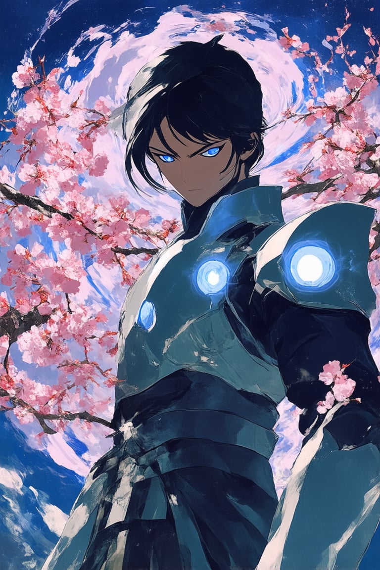 A vibrant anime-inspired artwork featuring a mystical fusion of traditional Japanese aesthetics with modern digital flair. In a bold, stylized frame, a stoic warrior stands amidst a swirling vortex of cherry blossoms and wispy clouds, their armor glistening with subtle LED accents. Softly lit from within, the warrior's eyes gleam like lanterns in the night, as delicate petals dance around them.