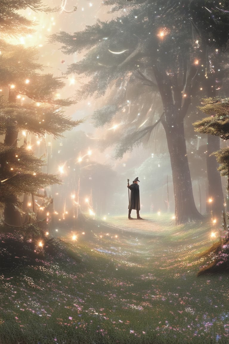 A whimsical depiction of a mystical realm: a soft focus on a misty forest clearing, warm golden light filtering through the treetops, as a lone wizard stands at the edge, staff in hand, eyes gleaming with wonder, surrounded by swirling wisps of magic sparks and shimmering starlight.