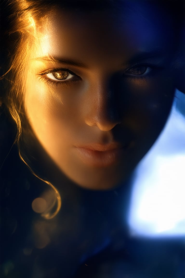 A dramatic portrait: a woman's face fills the frame, her eyes blazing with intensity as she gazes directly into the lens. Her features are illuminated by a single, golden light source, casting a warm glow on her skin. Her lips curve into a subtle, enigmatic smile, conveying a sense of quiet confidence and inner strength.