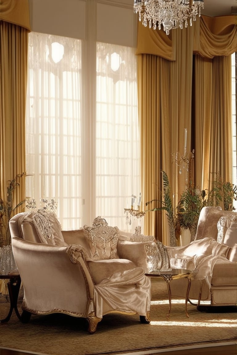 A luxurious setting: a grandiose mansion's opulent living room, soft golden light streaming through floor-to-ceiling windows, casting a warm glow on plush white sofas and crystal chandeliers. A regal figure, draped in silk and diamonds, reclines on a velvet armchair, surrounded by lavish furnishings and a subtle scent of fine perfume.