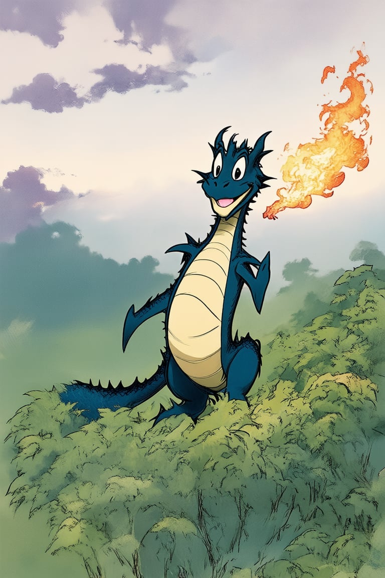 A nostalgic 80s-inspired animation scene: a whimsical fantasy world with rolling hills of purple and blue, wispy clouds drifting lazily across the sky. In the foreground, the beloved character Dragon, from Don Bluth's 'Dragon's Lair', stands tall, his fiery breath illuminating the lush greenery as he surveys his kingdom with regal confidence.