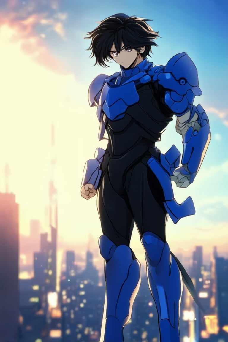 A dynamic anime-inspired scene: a young warrior stands tall in a dramatic stance, with one leg bent and the other extended behind them. Golden sunlight illuminates their determined face, casting a warm glow on their sleek black hair and vibrant blue armor. In the background, a futuristic cityscape stretches towards the sky, its neon lights reflecting off the warrior's polished armor.