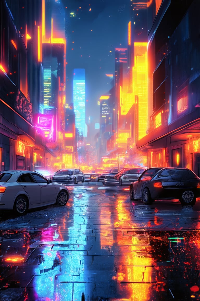 A futuristic cityscape at dusk, with neon lights reflecting off wet pavement, creating a vibrant effect as cars whizz by in slow motion. A kaleidoscope of colors dance across the buildings, a mesmerizing display of urban energy, capturing the pulse of the city's nightlife.