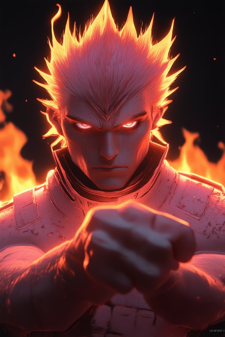 A close-up shot of a fiery-haired warrior's face, lit by a warm orange glow from behind, with intense pink hues in their eyes and on their cheeks, as they stand defiantly, fists clenched, amidst a backdrop of dark, smoldering embers. The fierce pink color radiates confidence and unyielding determination.