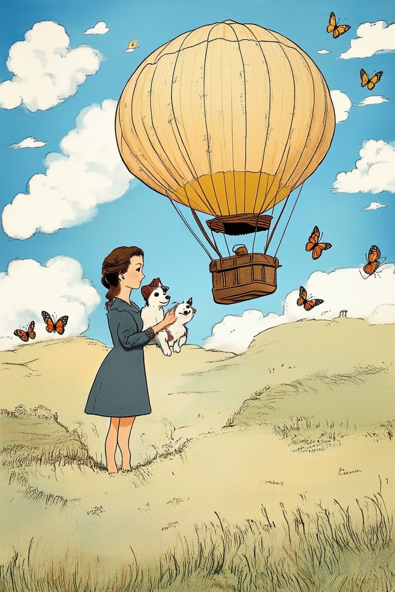 A whimsical cartoon landscape with rolling hills and fluttering butterflies surrounds a vintage-inspired hot air balloon, floating gently amidst fluffy white clouds. Don Bluth's signature style shines through in the stylized character designs and vibrant color palette, as the balloon's occupants - a charming couple and their adorable dog - wave enthusiastically from above.