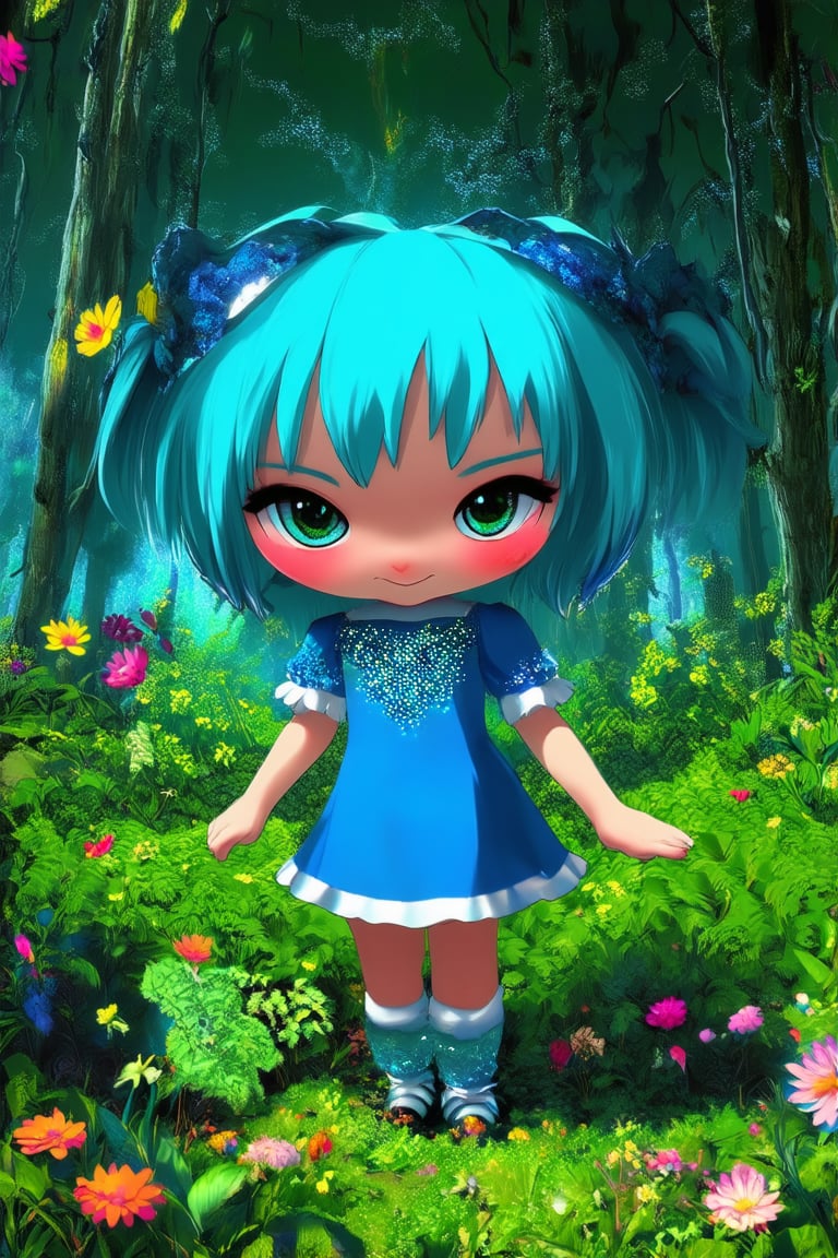 A whimsical chibi character stands in a lush green forest, surrounded by vibrant flowers and towering trees. The subject's bright blue hair bounces with every step, as they wear a matching blue dress adorned with sparkly white trim. A mischievous grin spreads across their face, and their eyes sparkle with excitement, as if discovering a hidden treasure.