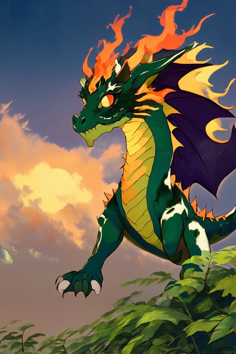 Vibrant anime-inspired illustration of a fantastical creature, MixStyle style. A majestic dragon with iridescent scales and fiery mane sprawls across the frame, set against a warm, gradient sunset background. Softly lit by golden hour lighting, its eyes gleam with curiosity. In the foreground, lush greenery and wispy clouds add depth to the composition.