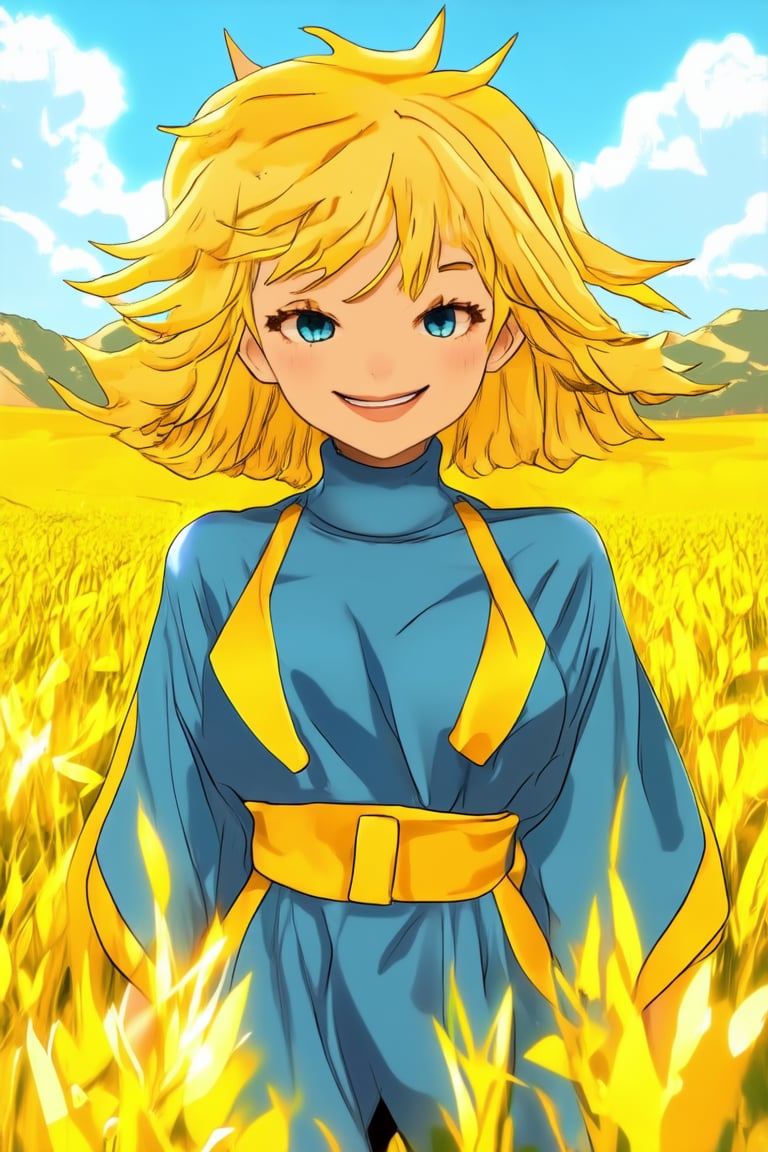 Vibrant yellow hues dominate the scene as Solak stands confidently in a sun-kissed meadow. Warm light radiates from above, casting a soft glow on her bright attire and golden locks. The camera frames her from the waist up, capturing the boldness of her smile as she gazes directly at the viewer.