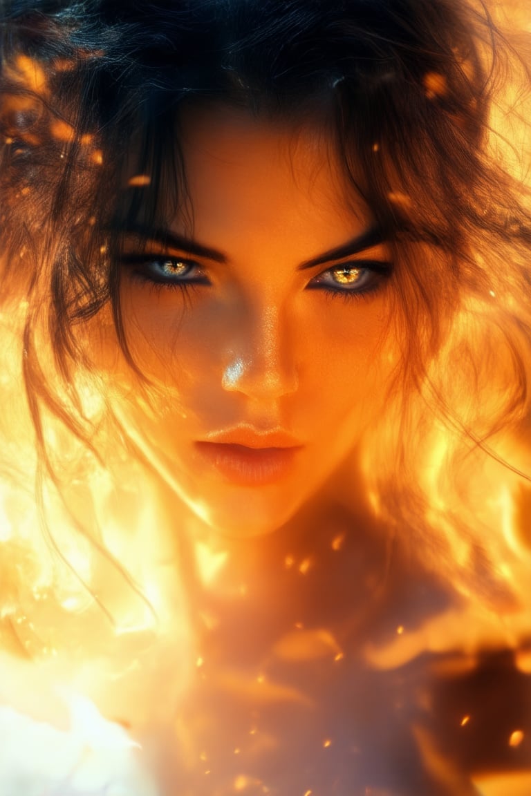 A dramatic portrait of a young woman with an intense gaze, her eyes blazing with conviction as she stands confidently in front of a fiery orange background. Her dark hair is styled in loose waves framing her angular face, and her full lips are pressed into a determined line. The lighting casts a warm glow on her features, emphasizing the powerful expression on her face.