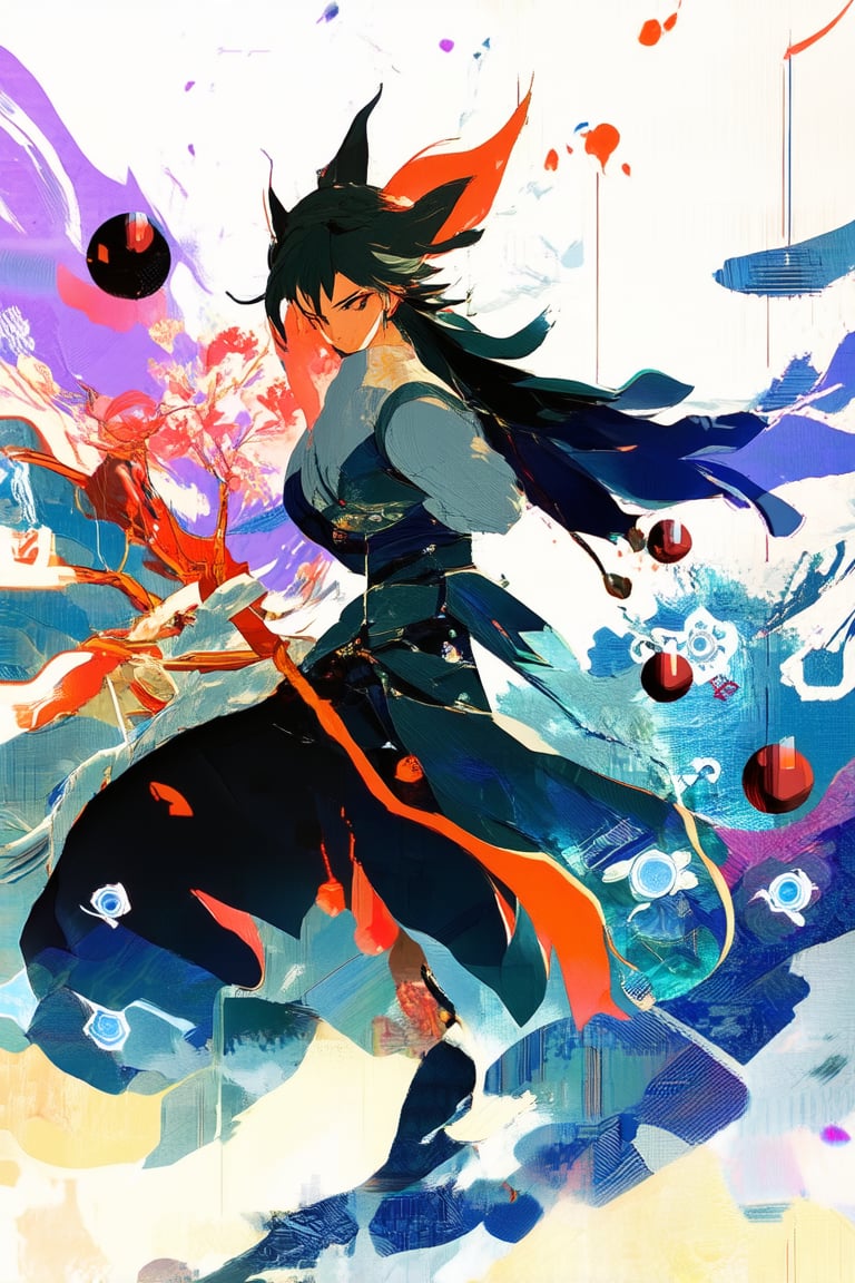 Vibrant anime-inspired artwork featuring a stylized mix of traditional Japanese motifs with modern digital flair. Softly-lit, warm-toned background sets the scene as a bold, colorful character takes center stage, blending ancient symbols and futuristic elements in a dynamic pose. Intricate details and textures bring depth to this mesmerizing visual fusion.