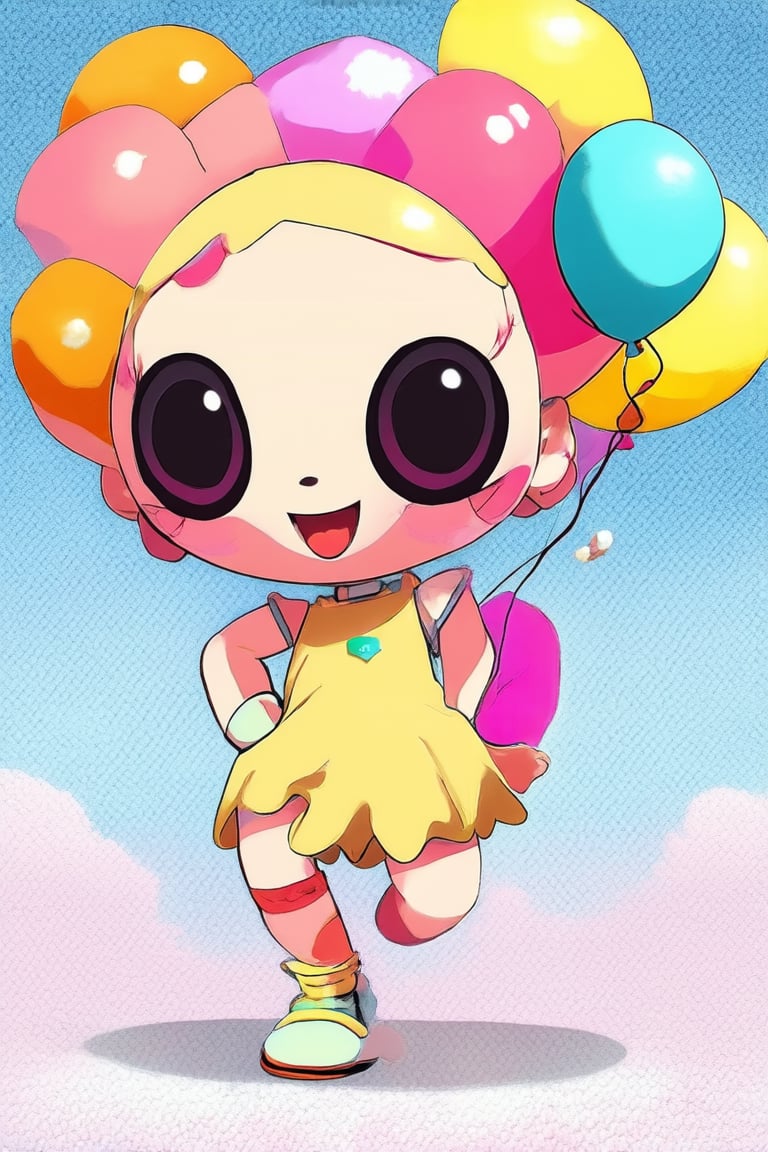 A whimsical, cartoon-inspired character design: a chibi-styled protagonist with oversized eyes, rosy cheeks, and a sweet smile, posed in a playful stance with one hand on hip and the other holding a colorful balloon. Soft, pastel-colored background with subtle texture resembling clouds or fluffy fabric.