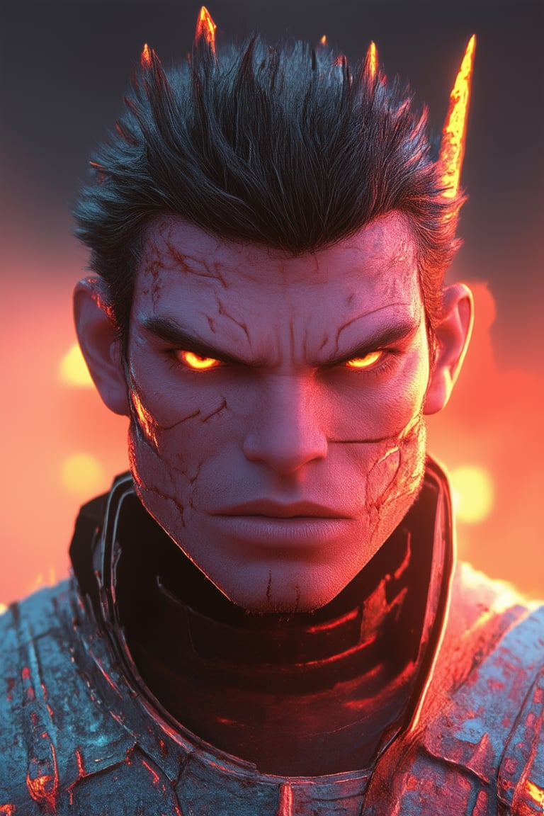 A close-up shot of a fierce warrior's face, illuminated by the warm glow of sunset hues. The pink tone dominates their skin, with deep scars and creases accentuating their rugged features. Their eyes blaze with intensity, surrounded by fiery highlights. The background is blurred, with only a hint of golden light bleeding through, emphasizing the subject's bold presence.