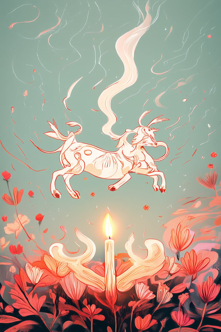 A whimsical flat art illustration depicting a mystical realm: Softly glowing candlelight casts an ethereal ambiance on a minimalist background, where intricately drawn magical creatures frolic in harmony. Delicate wisps of smoke dance above the scene, as fantastical flora blooms with an otherworldly glow.