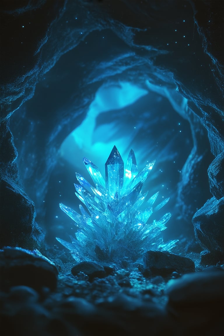 A mystical cavern glows with an ethereal light as a cluster of iridescent crystals rises from the darkness, their facets shimmering like tiny stars. Soft blue mist swirls around the crystals, casting an otherworldly ambiance. In the foreground, a single crystal formation sprouts from the ground, its luminescence illuminating the surrounding rocks.