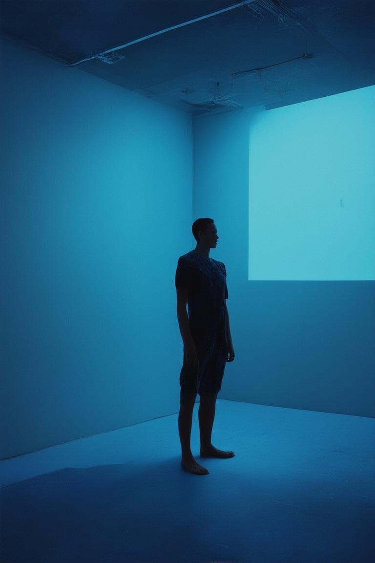 Create an image of a person standing in a dark blue room with a stark realism. The walls and floor are a deep, rich blue, almost indigo. The subject stands near the center of the room, their figure lit by a single, soft spotlight. The light casts subtle shadows on their face, highlighting their solemn expression. The atmosphere is somber, with only a hint of warm light to counterbalance the cool blues.