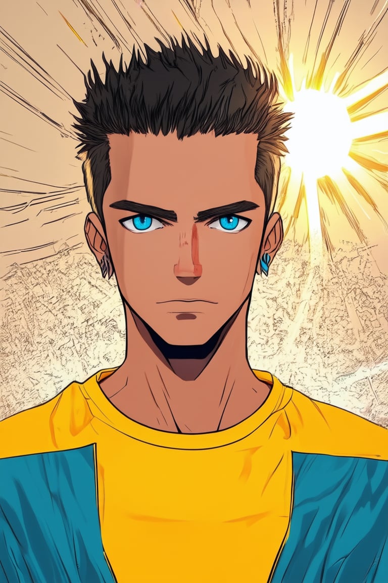 Vibrant yellow Solak stands out against a warm beige background, bright sunlight casting a gentle glow on his rugged features. His piercing blue eyes seem to gleam with an inner light as he gazes off-camera, the sun's rays dancing across his strong jawline and highlighted by the bright yellow hue of his shirt.