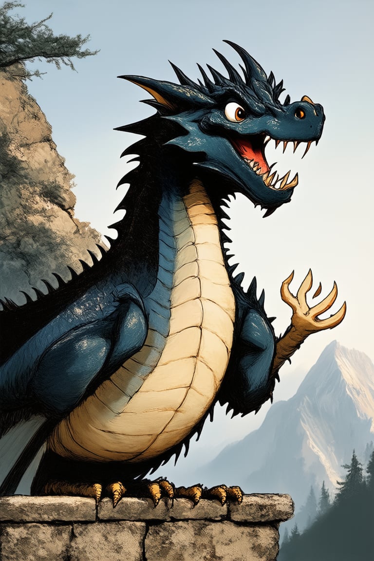 A majestic dragon, inspired by the classic animations of Don Bluth, perches majestically on a weathered stone wall, its scales glistening in warm sunlight. The camera frames the dragon's regal head and outstretched claws, set against a serene mountain backdrop with misty peaks. Soft focus and gentle lighting evoke a sense of wonder.