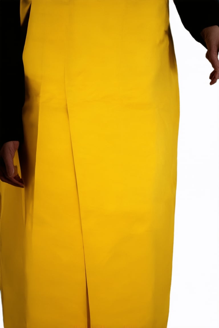 A close-up shot of a bright yellow Hakama, a traditional Japanese garment, against a soft white background. The folds and creases of the fabric are sharply defined, with warm lighting accentuating its vibrant color. A subtle shadow falls across the top, adding depth to the composition. The subject's hands are carefully placed at their sides, as if waiting for something.