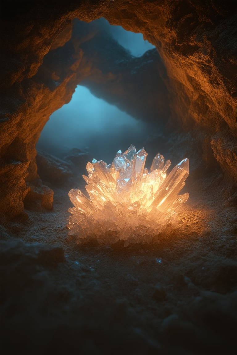 Capture a mystical scene of glowing crystals nestled within a ancient, crumbling cave. Soft, ethereal light emanates from the crystalline formations, casting an otherworldly glow across the rugged stone walls and dusty floor. A few stray strands of misty fog linger near the ceiling, adding to the dreamlike atmosphere. The camera captures a low-angle shot, looking up at the crystal cluster, with a shallow depth of field to emphasize their radiant beauty.