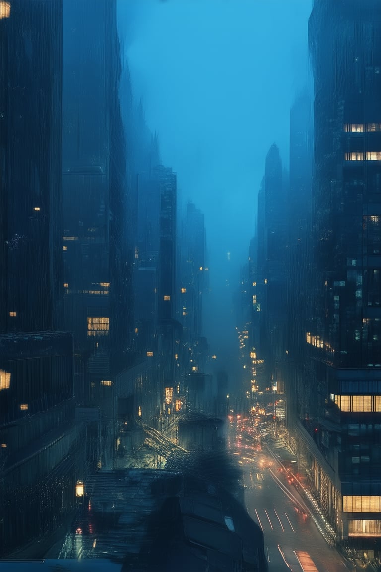 A dark blue hazy realism scene: A moody cityscape at dusk, with a dominant dark blue tone, where the urban landscape is bathed in the warm glow of sodium lamps. Tall buildings, their peaks shrouded in mist, stretch towards the faintly visible sky. Shadows dance across the streets, while the distant hum of traffic provides an eerie soundtrack.