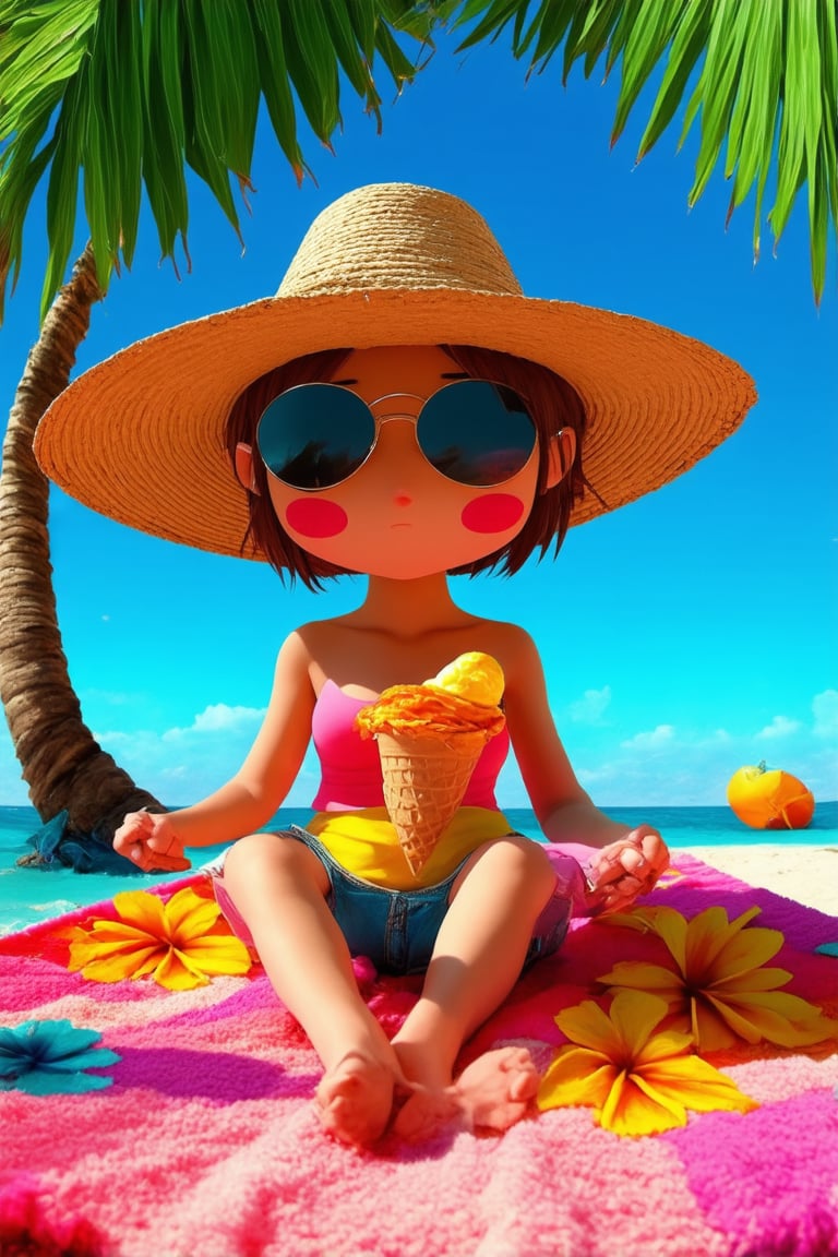 A chibi character sitting on a colorful beach towel, surrounded by tropical flowers and palm trees swaying gently in the breeze. Soft focus background with subtle gradient of blues and pinks. Character's bright eyes and rosy cheeks take center stage as they hold a ice cream cone with a playful expression, wearing a matching beach hat and sunglasses. Vibrant colors and whimsical details bring this cheerful scene to life.