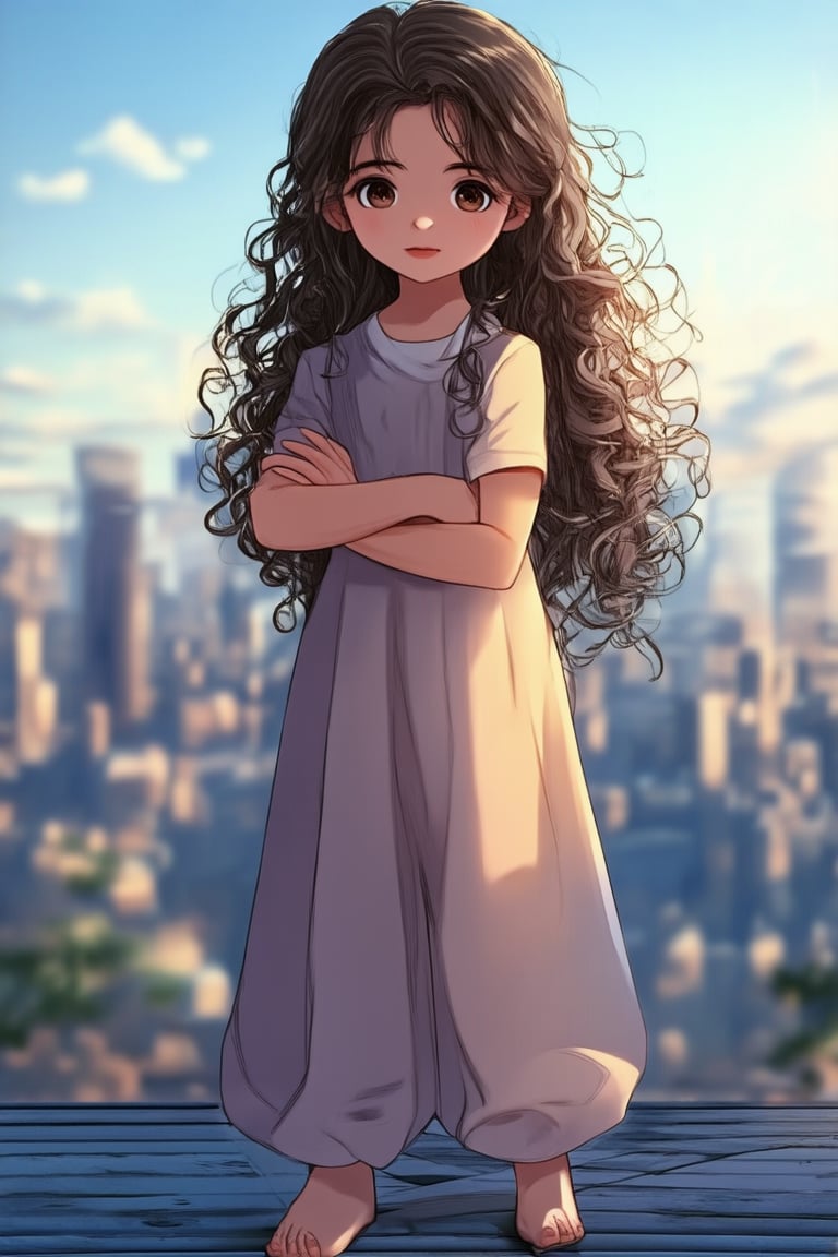 A young girl with long, curly brown hair stands confidently, her feet shoulder-width apart in a wide-legged stance, arms crossed over her chest. Her eyes gleam with determination as she faces the viewer head-on, the soft glow of evening sunlight casting a warm ambiance around her. The vibrant cityscape behind her serves as a striking backdrop.