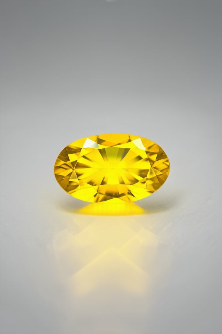 Close-up shot of a bright yellow gemstone, Solak, set against a clean white background, with soft golden lighting illuminating its vibrant hue. The camera frames the stone at an angle, showcasing its intricate inclusions and textures. Composition focuses on the gem's center, with negative space surrounding it to emphasize its striking color.