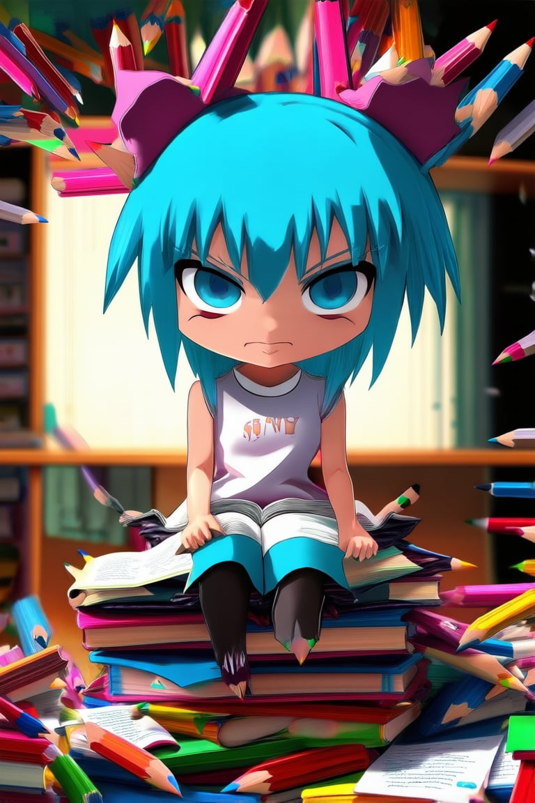 Close-up shot of a chibi character sitting on a pile of colorful books, surrounded by scattered pencils and papers. The character's bright blue hair sticks out in every direction, with a few loose strands framing their adorable face. A mischievous grin spreads across their face as they gaze up at the camera, surrounded by the chaos of their study space.