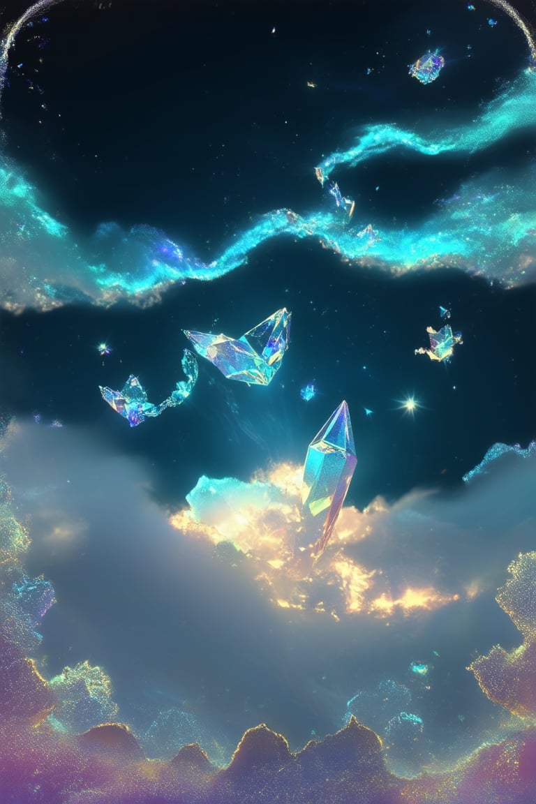 A mystical realm of iridescent crystals radiates an otherworldly glow, set against a dark blue backdrop with wispy clouds. Delicate, faceted crystals suspended in mid-air like celestial bodies, their luminescence casting an ethereal ambiance. The scene is framed by a subtle mist, adding depth and mystery to the enchanted landscape.