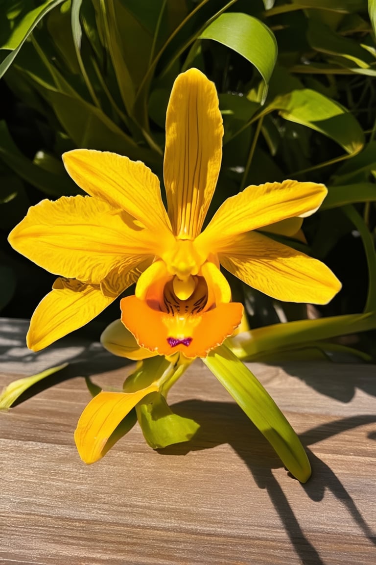 A warm afternoon sun casts a golden glow on a bright yellow Hakame orchid, its delicate petals slightly curled and fragrant as it sits atop a rustic wooden table, surrounded by lush green foliage and soft, whispery leaves.