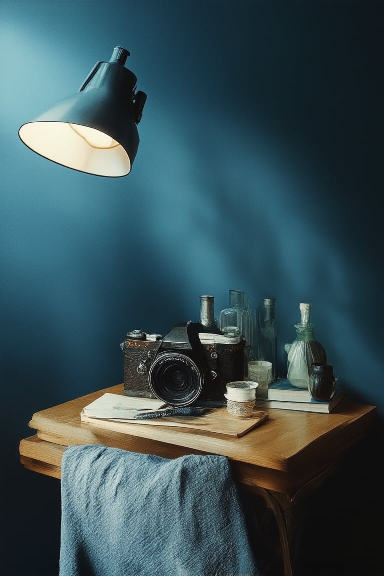 A still life setup in a dimly lit room with a dark blue background. A collection of everyday objects, such as vases, bottles, and books, are arranged on a worn wooden table, with the camera framing them from directly above. The soft glow of a nearby lamp casts shadows on the walls, adding depth to the scene. The overall tone is somber and melancholic.