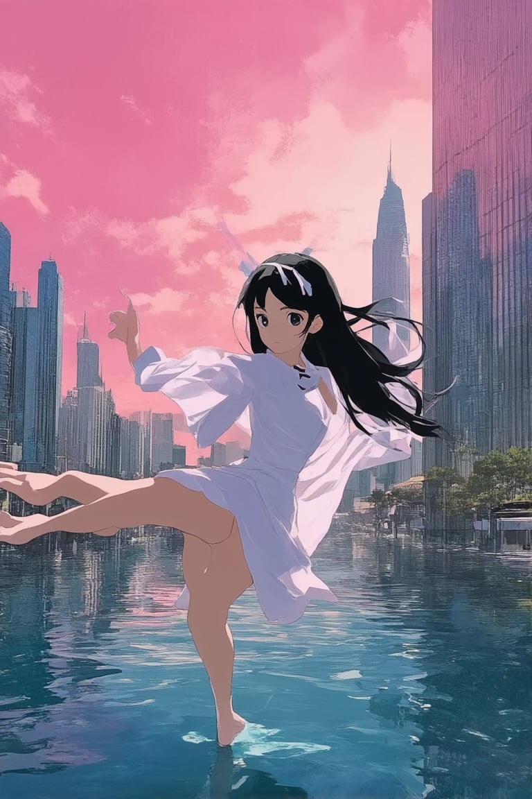 Vibrant pink sunset hues envelop a whimsical cityscape, with sleek skyscrapers and winding streets reflecting off the glassy surface of a tranquil lake. In the foreground, a stunning anime-inspired girl, clad in a flowing white dress and matching hair clips, poses dramatically on the water's edge, one leg bent and arm outstretched, her long black hair flowing behind her like a veil.