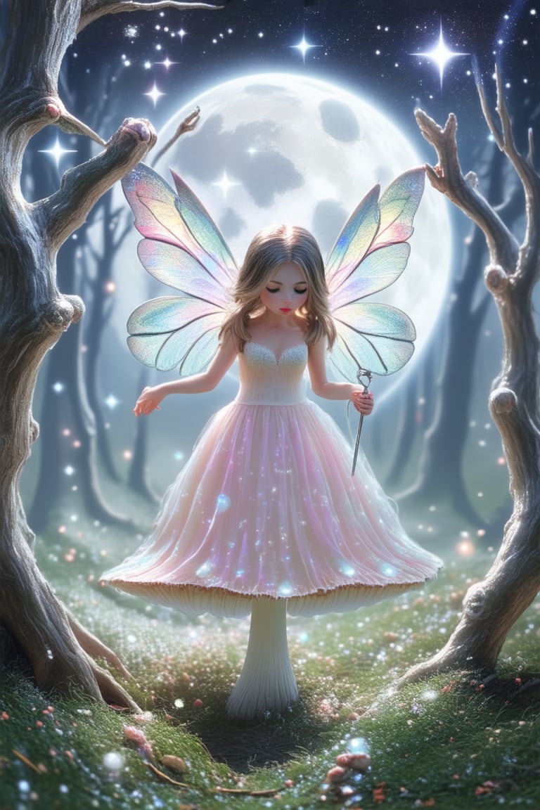 A whimsical image of a mystical forest, bathed in soft moonlight filtering through ancient tree branches. A diminutive fairy, no bigger than a thumb, perches on a toadstool, her iridescent wings shimmering like the stars above. She holds a delicate wand, channeling WonderMagic as she gazes up at the celestial canvas.