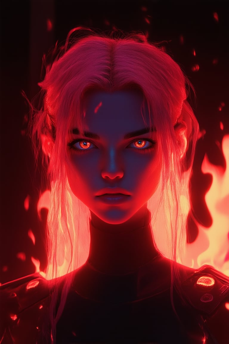 A close-up shot of a determined woman's face, her eyes blazing with intensity as she stands defiantly in a dimly lit, crimson-hued room. Her fiery pink hair cascades down her shoulders like a river of flames, matching the fierce tone of her expression. The background is shrouded in shadows, focusing attention solely on her unyielding gaze.