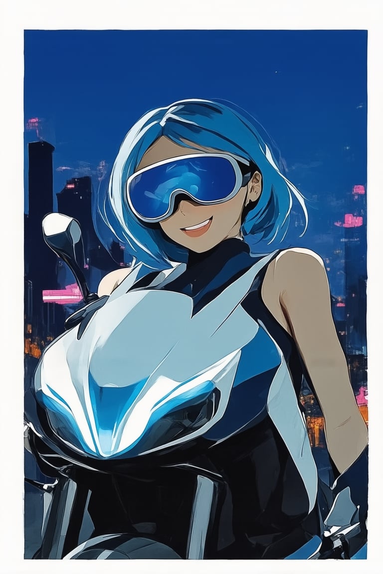 A vibrant anime-inspired image with a digital painting style. A young woman with striking blue hair and a mesmerizing smile sits confidently on a futuristic motorcycle, set against a stylized cityscape at dusk. The bike's sleek design reflects the colors of the setting sun, while her outfit shines with iridescent accents. The framing captures her dynamic pose, with the city's neon lights reflecting off her visor-like glasses.