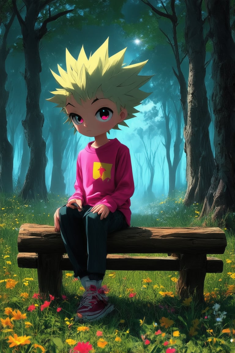 A whimsical chibi character sitting on a worn wooden bench amidst a lush forest glade, surrounded by towering trees and vibrant wildflowers. The character's bright eyes sparkle with curiosity as they gaze out at the viewer, their short, spiky hair styled in a playful messy manner. A gentle breeze rustles their oversized shirt, and a few loose threads from their pants flutter about their ankles.