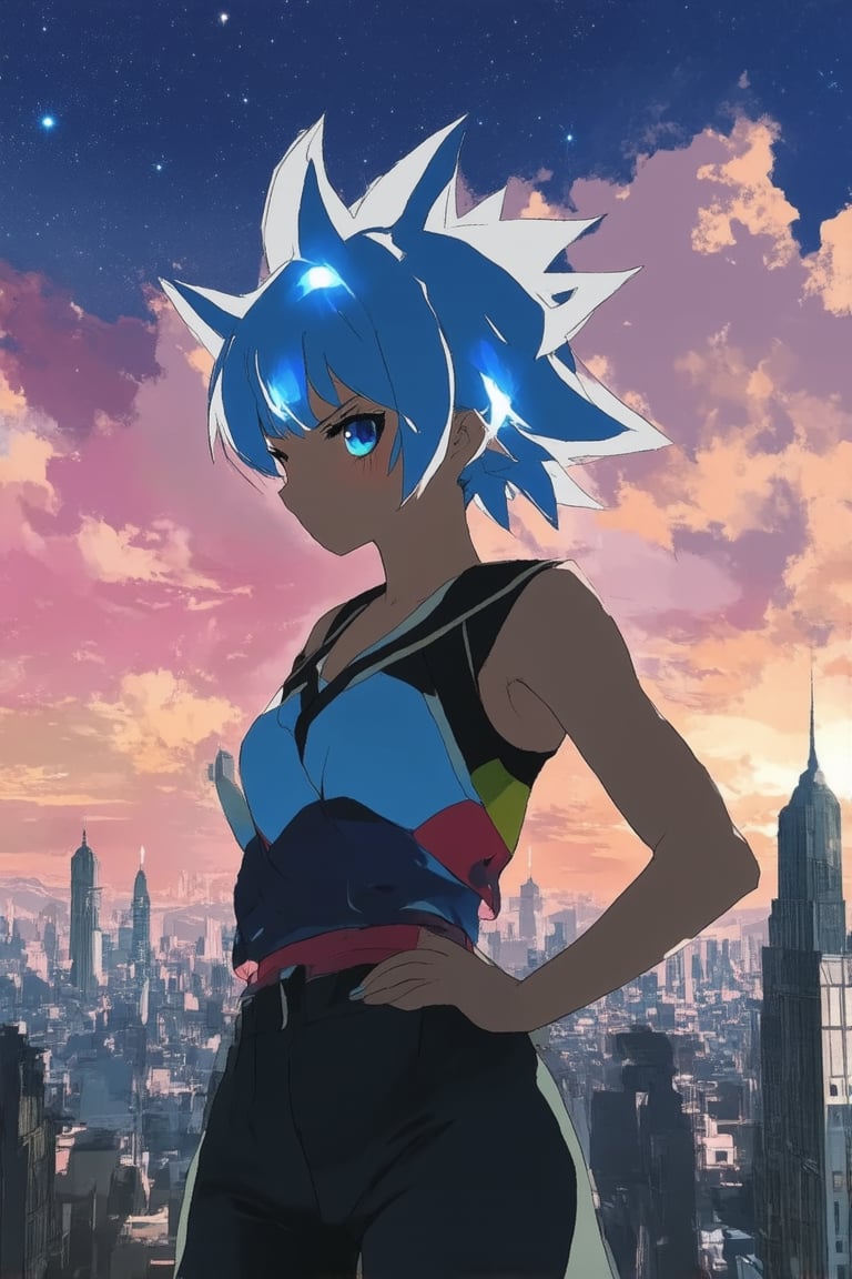 A vibrant anime-inspired image featuring a fantastical cityscape at dusk. Soft pinkish-orange hues illuminate towering structures with glowing blue accents, as wispy clouds drift lazily across the sky. In the foreground, a dynamic pose: a young woman with short, spiky hair and bold, colorful clothing, stands confidently with one hand on her hip, gazing out at the breathtaking view, her eyes shining like stars in the fading light.