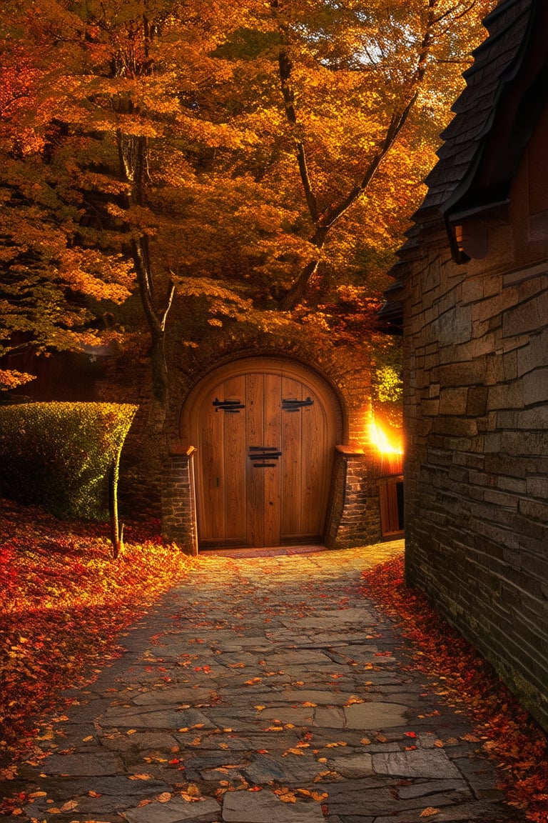 A warm glow of golden light illuminates a rustic wooden door as leaves crunch beneath footsteps on a winding stone path, surrounded by vibrant autumn foliage: amber-hued maples, crimson oak, and burnished copper beech. The scene is set amidst a picturesque village, with chimney pots and slate roofs blending harmoniously into the natural landscape.