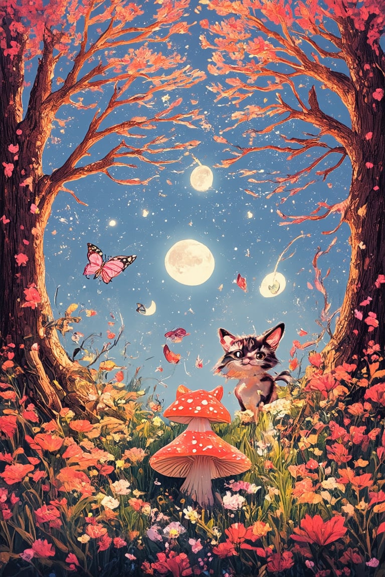 A whimsical flat art piece! Imagine a vibrant, dreamlike scene with bold brushstrokes and playful textures. A fantastical forest sprawls across the canvas, its trees and flowers shimmering with iridescent magic. In the foreground, a curious creature - half-kitten, half-butterfly - perches on a toadstool, surrounded by fluttering petals and sparkling fairy lights. Soft, golden light bathes the scene, as if moonbeams have seeped into the world of wonder.