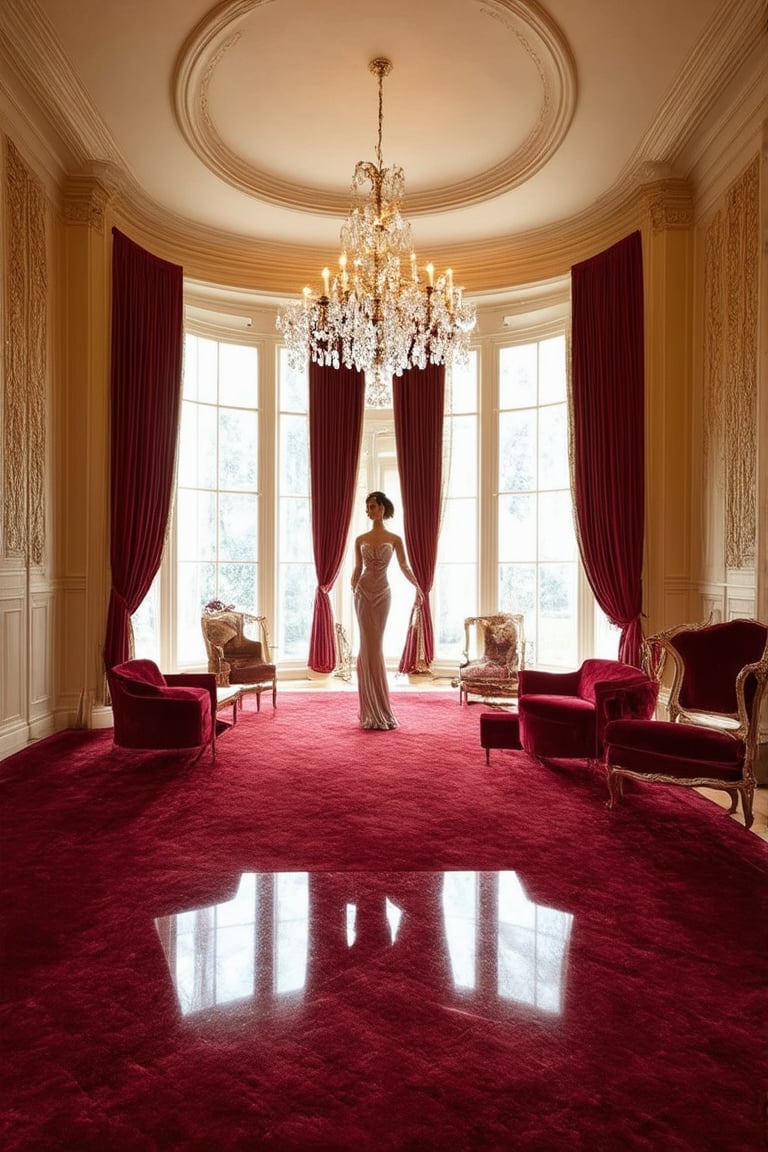 A majestic mansion's opulent foyer is bathed in warm golden light, with marble floors gleaming like polished diamonds. Rich velvet drapes frame large windows, casting a soft glow on plush crimson carpets. A chandelier's crystals refract the light, creating a kaleidoscope of colors. In the center, a regal figure, adorned in luxurious silks and jewels, stands poised, exuding confidence and poise.