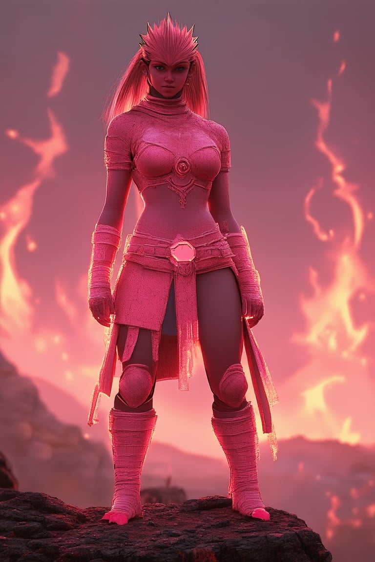 A fiery pink hue dominates the frame as a fierce warrior stands tall on a rugged, rocky outcropping, her bold stance and intense gaze radiating confidence. The warm light of sunset casts a golden glow on her skin, while the surrounding landscape blurs into a fiery pink-orange haze, emphasizing her unyielding determination.