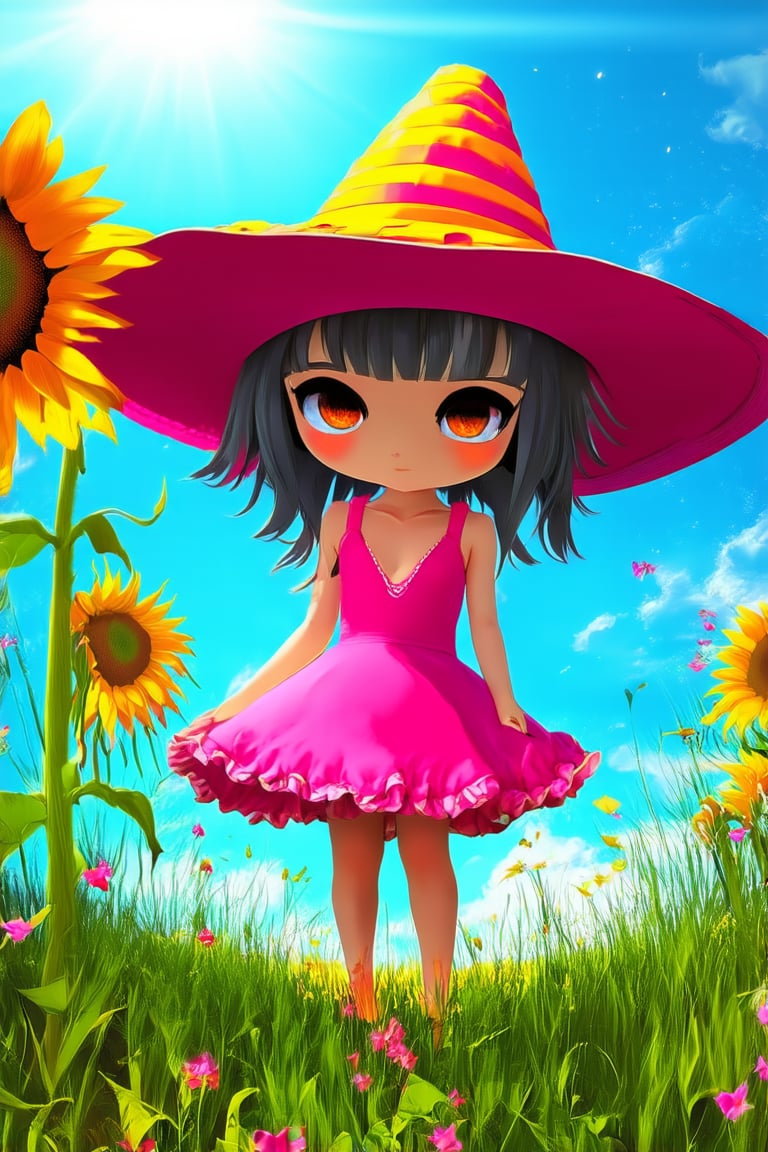 A whimsical, colorful illustration of a chibi character standing in a lush green meadow, surrounded by vibrant wildflowers and towering sunflowers. The character's bright pink dress and matching hat match the warm sunlight casting a gentle glow on their joyful expression. A few stray petals dance around them, adding to the playful atmosphere.