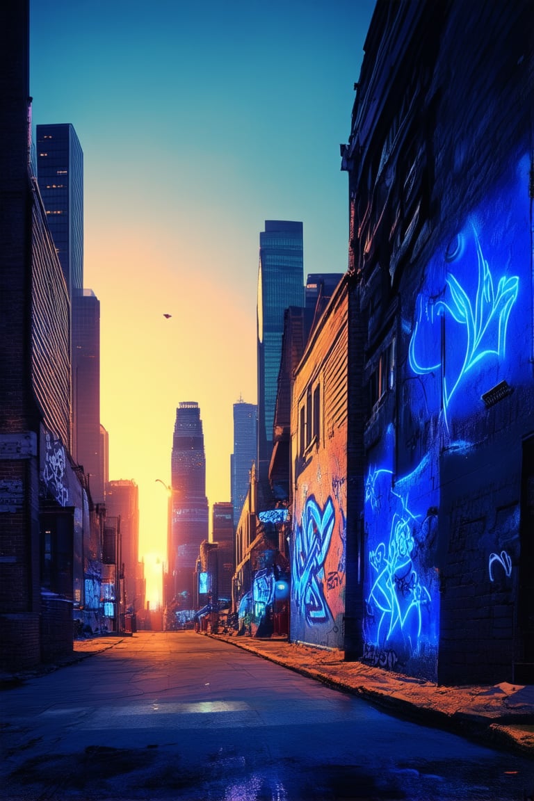 A vibrant effect: A bold, electric blue glow engulfs a futuristic cityscape at dusk, as neon lights dance across sleek skyscrapers and bustling streets. The warm sunlight of the setting sun casts long shadows, contrasting with the cool, synthetic hues of the urban landscape. Vibrant colors burst forth from street art murals, while edgy graffiti adorns crumbling brick facades.