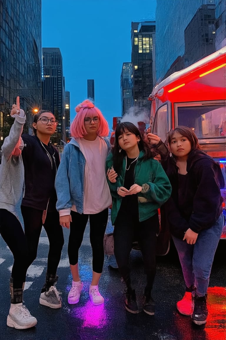 A vibrant cityscape at dusk, with neon lights reflecting off wet pavement. A group of friends in their early twenties, dressed in trendy streetwear, gather around a food truck. One friend, a bespectacled girl with short pink hair, holds up a steaming bun, her eyes shining with excitement. The others lean in, mouths agape, as the camera captures the dynamic colors and textures of the scene in a single shot.