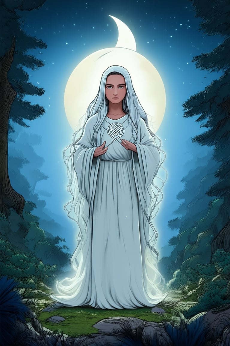 A mystical mama stands tall amidst a misty forest glade, her long silver hair flowing like the moon's gentle beams. She wears a flowing white robe adorned with intricate Celtic knots, her eyes aglow with an otherworldly wisdom. A crescent moon shines above, casting an ethereal light upon her mystical aura.