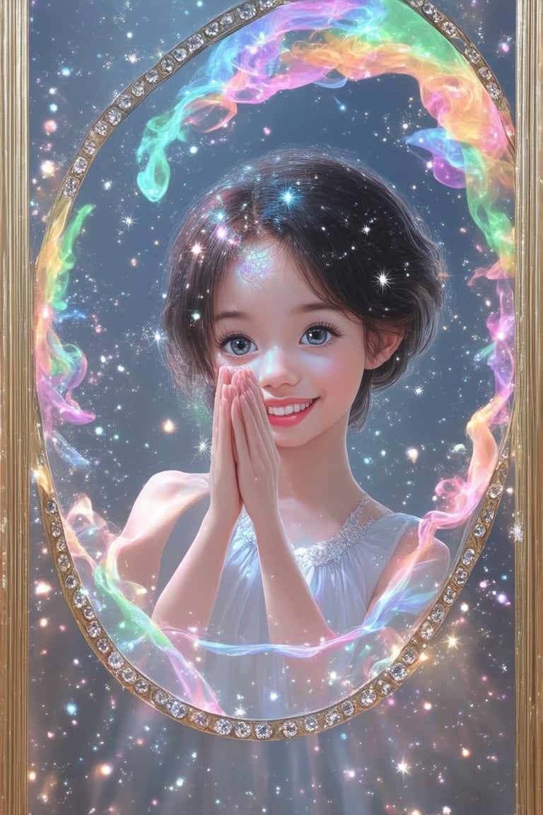 A whimsical illustration of WonderMagic in a warm, golden-lit setting. A young girl with sparkling eyes and a mischievous grin stands amidst a swirling vortex of colorful smoke, her hands clasped together in a gesture of wonder. The background is a soft, gradient blue, with delicate stars twinkling like diamonds. Framed by a curved, ornate mirror, the scene invites the viewer to step into the enchantment.